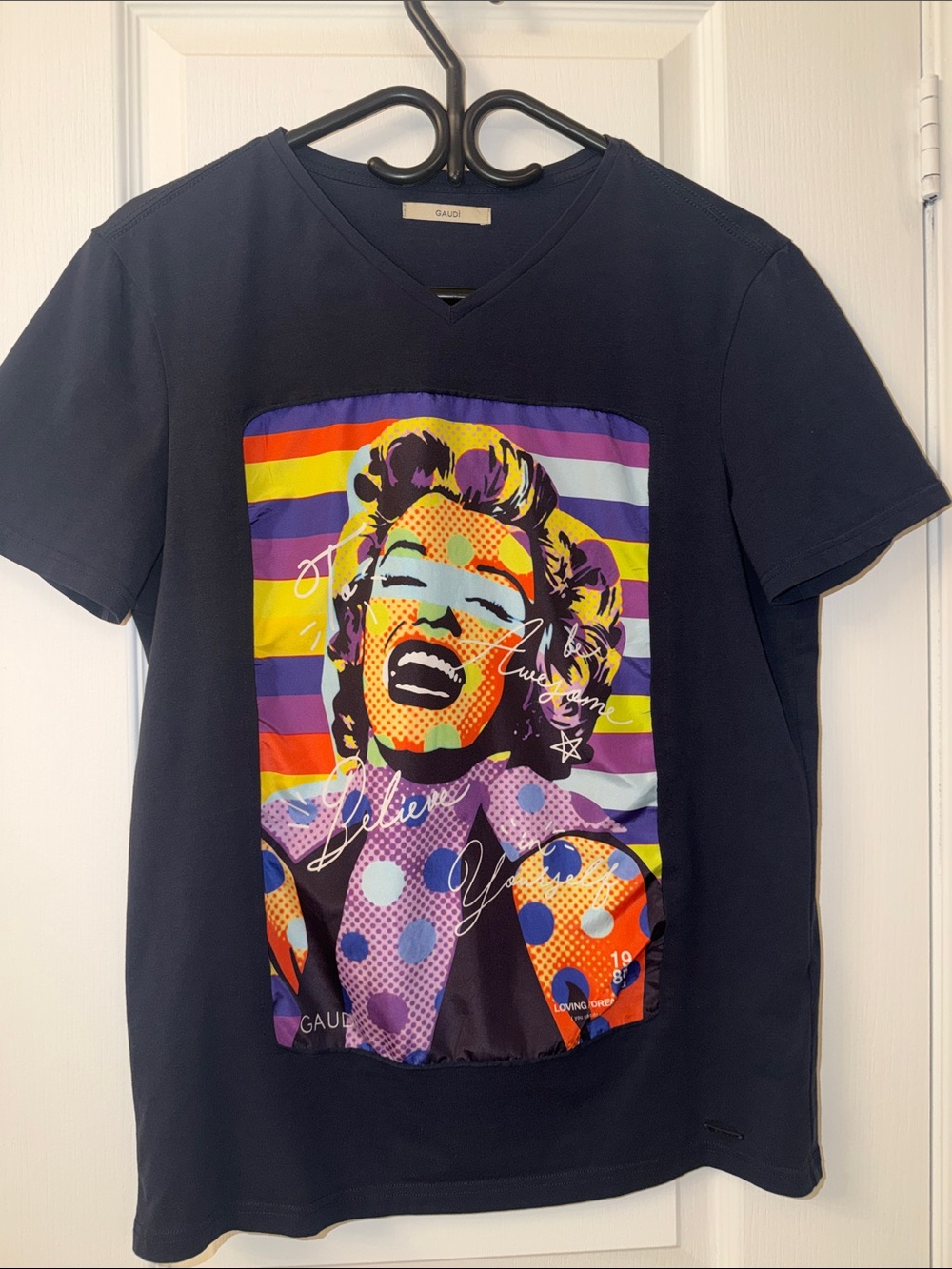 Gaudi' Navy Short-Sleeve V-Neck T-Shirt with Colorful Pop-Art Graphic